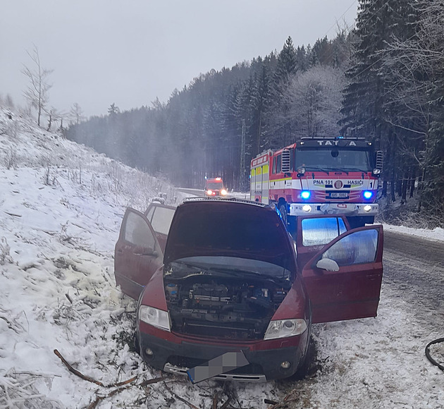 Po srážce se srnou si řidič přitápěl v nabouraném autě, až začalo hořet